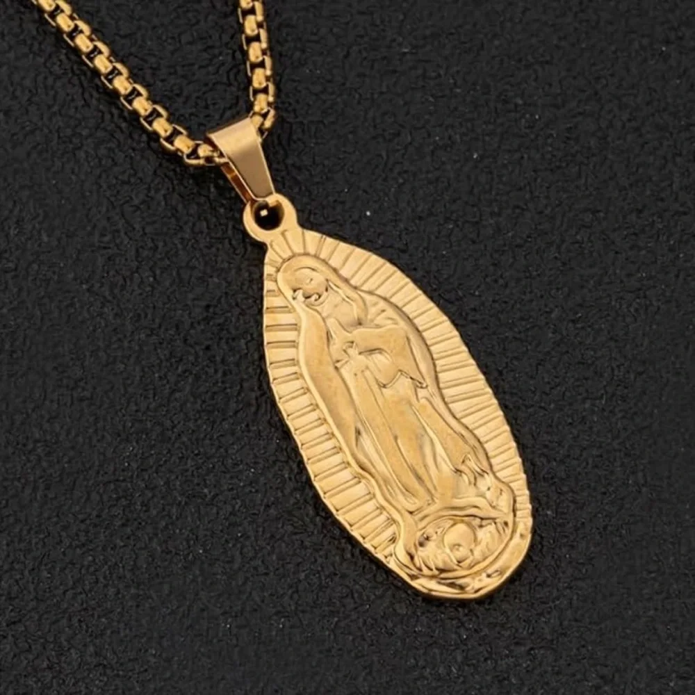 20” Guadalupe Virgin Mary Pendant Necklaces Men 18K Gold Plated Silver Tone